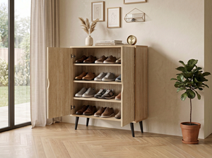 Modern Travertine Beige Wooden <b>Shoe</b> Cabinet 2 Door Entryway <b>Shoe</b> <b>Storage</b> Cabinet 12 Pair <b>Shoe</b> <b>Rack</b> Organizer with Metal Hinge - Product Image 2