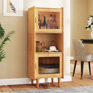 Natural Bamboo 3 Cube <b>Storage</b> Cabinet with Acrylic See-Through Doors <b>Open</b> Compartment for Living Room Decor - Product Image 3