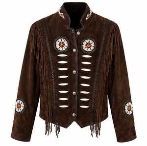 Chaqueta Marrón para Hombre con Bordado de Flecos, Cuello Mao, Estilo Vintage, Manga Regular - Product Image 1