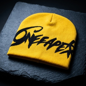 Yellow Black Knit Beanie Hat Ribbed Cuff <b>Winter</b> <b>Cap</b> Unisex Streetwear Fashion Headwear Custom Wholesale OEM - Product Image 1