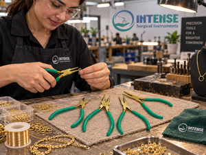 Juego de 5 Pinzas Profesionales para Hacer Joyas, Acabado Dorado, Mango Verde, Herramientas para Cortar Alambre, Hacer Lazos y Abalorios - Product Image 4