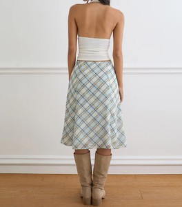 Jupe portefeuille écossaise pour femme en mousseline tissée, longueur genou, avec nœud décoratif, style décontracté d'été, taille naturelle, vêtement élégant - Product Image 3