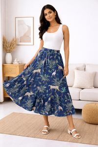 Designer Blue Jungle Print Cotton Maxi <b>Skirt</b> Women High Waist Frill Layer Boho Long <b>Skirt</b> Casual Summer Wear - Product Image 6