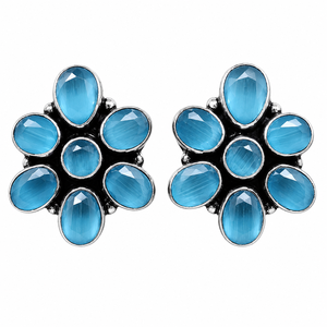 Wholesale <b>Oxidized</b> Silver Blue Stone Earrings for Women | Brass Handmade Floral Stud Earrings | Indian Jewelry Bulk Supplier - Product Image 1