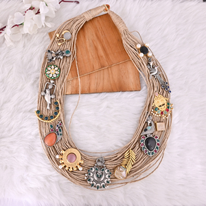 Boho Multi-Strand Jute Artisan Charm <b>Statement</b> <b>Necklace</b> - Product Image 2
