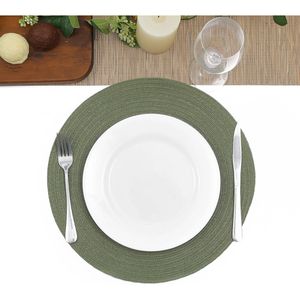 Set di 6 tovagliette rotonde da 15 pollici lavabili in cotone e poliestere intrecciato, colore verde oliva. - Product Image 2