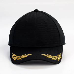 Black 6-Panel Baseball <b>Cap</b> with 3D Gold Leaf Embroidery and Button on Brim Unisex Mesh Fitted <b>Hat</b> Casual Spring Summer Style - Product Image 1