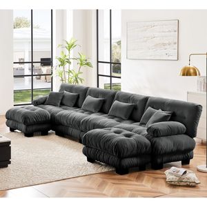 Divano Componibile Modulare a Combinazione Libera, Comodo Divano a U per Soggiorno con 4 Posti e 2 Pouf in Ciniglia Grigia - Product Image 2