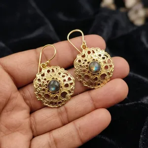 Natural Labradorite Brass <b>Earrings</b> | Handmade Gemstone Dangle <b>Earrings</b> | Wholesale Brass Jewelry - Product Image 4