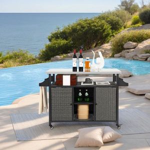 Grande Isola da Cucina per Esterni in Vimini con Carrello Mobile, Armadietto Contenitore, Piano Estensibile in Acciaio Inossidabile, Arredamento da Patio con Ruote - Product Image 1