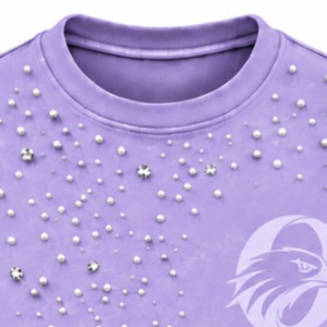Camiseta Unisex Lila con Adornos de Perlas, Cuello Redondo, Manga Corta, Top Moderno con Perlas Decorativas para Uso Diario Informal - Product Image 3