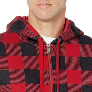 <b>Men's</b> Red Black Plaid Hooded Zip-Up <b>Flannel</b> <b>Jacket</b> Regular Fit Casual Autumn Wear 100% Cotton Breathable Woven Style - Product Image 5