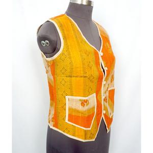 Elegant Handmade Eco-Friendly Breathable Cotton <b>Kantha</b> V-Neck Women's Waistcoat Winter Short <b>Jacket</b> Vest Button Closure - Product Image 3
