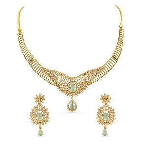 Ensemble collier et boucles d'oreilles en alliage de zinc plaqué or avec pierres en zircon, design floral, bijoux de mariage classiques pour femmes - Product Image 1