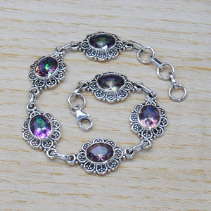 Pulsera de Eslabones Oxidados con Topacio Místico Redondo Facetado, Hecha a Mano en Plata de Ley 925, Venta al Por Mayor - Product Image 2