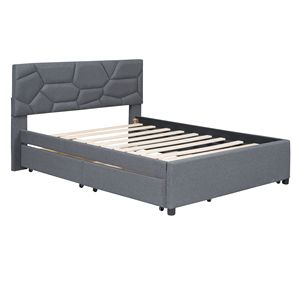 Letto matrimoniale imbottito con testiera in tessuto di lino grigio con motivo a mattoni e letto estraibile singolo con 2 cassetti - Product Image 4