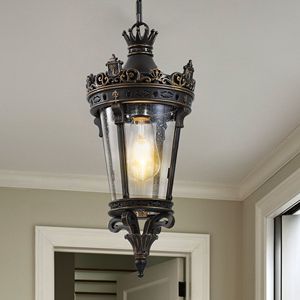 Lanterne suspendue d'extérieur Antique Crown, 18 pouces (H), étanche, luminaire suspendu vintage, design en métal orné, verre transparent, lampes de jardin - Product Image 1