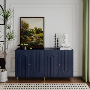 Modern Blue Lacquered 4-Door Wooden <b>Sideboard</b> Buffet Server Cabinet for <b>Storage</b> in Living Room Entryway or Hallway - Product Image 4