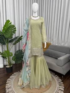 <b>Green</b> Embroidered Kurta Sharara Set With Floral Dupatta Ethnic Salwar Kameez for Wedding Party Women - Product Image 5