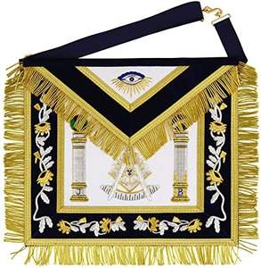 Delantal de piel de oveja con emblema y pilares de Maestro Masón - Bordado a mano, diseño completamente blanco y dorado - Product Image 4