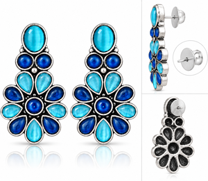 Pendientes de botón de moda con engaste de latón plateado oxidado y ónix azul floral, llamativos para mujer, joyería de fiesta de moda al por mayor - Product Image 5