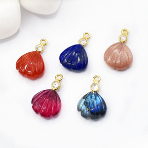 Peach <b>Moonstone</b> Shell <b>Pendant</b> Handmade Carved Gemstone Charm with CZ Accent Birthstone Jewelry <b>Pendant</b> - Product Image 5