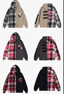 Veste polaire unisexe oversize à capuche, motif patchwork à carreaux, streetwear d'hiver, manches longues avec poche, logo sur la manche gauche - Product Image 4