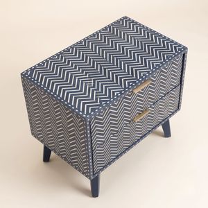 Elegant Navy <b>Blue</b> Bone Inlay <b>bedside</b> <b>Table</b> with Chevron Stripe Pattern with Unique Design Modern Furniture - Product Image 3