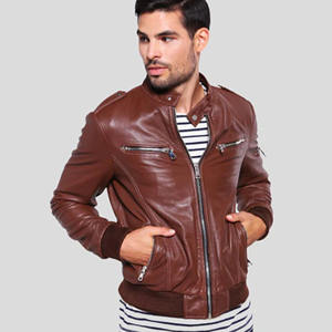 Chaqueta de Cuero Genuino Personalizada para Hombre, Estilo Motero, Color Café, Corte Ajustado, Chaqueta Bomber de Motocicleta, Piel de Oveja Suave, Ropa de Invierno - Product Image 1