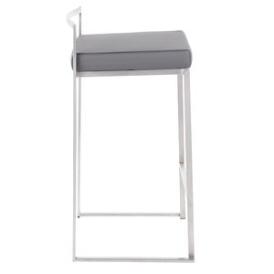 Contemporary Fuji Counter <b>Stool</b> by Fuji Set of 2 Stainless Steel with Grey Faux <b>Leather</b> Cushion Stackable Dining Chairs - Product Image 3
