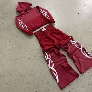 Men's Premium Tribal Tracksuit 2026 Burgundy <b>Red</b> Cyber Y2K Pullover Hoodie and Wide Leg <b>Flare</b> Pants Graphic Streetwear Outfit HD - Product Image 2