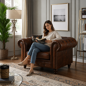 Sillón Chesterfield de cuero genuino con respaldo capitoné para sala de estar, sillón de cuero marrón con patas de madera, muebles de cuero - Product Image 3