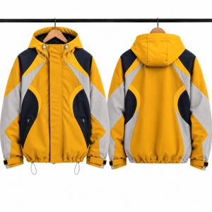 Veste à capuche unisexe à blocs de couleur coupe-vent à manches raglan avec fermeture éclair, style sportif, 100 % coton, automne, noir, jaune, gris - Product Image 4