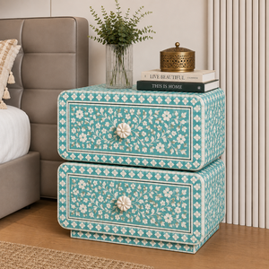 Green Floral Design Resin Bone Inlay Nightstand With Drawers & <b>Shelf</b> Coastal Chic Cabinet <b>Bedside</b> End Table Luxe Interior Decor - Product Image 4