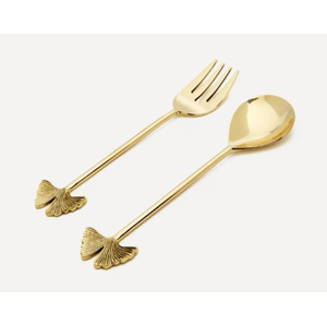 Classic Brass Ginkgo Leaf Handle Salad Server Set Gold Eco-Friendly Sustainable Stainless Steel Luxury Elegant Wholesale - Product Image 1