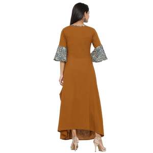 Women's Brown Cotton Blend Embroidered A-Line Kurta Bell Sleeves Neck Summer Ethnic Casual Wear Customized Logo Recycled - Product Image 2