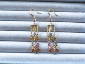 Pendientes de Oro de 14K con Múltiples Zafiros y Aventurina Verde en Forma de Gota, Modelo Prism Waterfall - Product Image 3