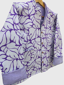 Plus Size Women Cotton Waffle Jacket Purple Floral Print V Neck Horn <b>Button</b> Casual <b>Coat</b> - Product Image 3