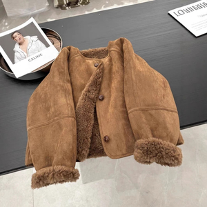 Women's Brown Suede Blouson Jacket With Faux Fur Lining Stand Collar Full Sleeve Winter Warm <b>Coat</b> - Product Image 3