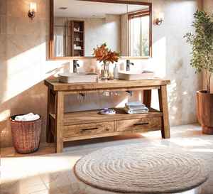 Meuble de salle de bain en bois avec double vasque, tiroirs de rangement et étagère inférieure pour intérieurs de luxe - Product Image 1