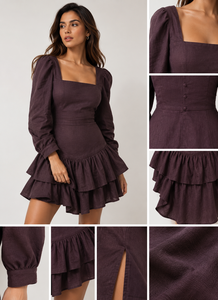 Custom Women Cotton Hand Block Print <b>Ruffled</b> <b>Dress</b> Square Neck Long Sleeve Mini <b>Dress</b> Summer Casual Party Wear Women <b>Dress</b> - Product Image 3