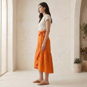 Hermosa Falda Midi Cruzada con Volantes de Popelina de Algodón Naranja para Mujer, con Tela Ligera, Estilo Moderno y Ajuste Cómodo - Product Image 3