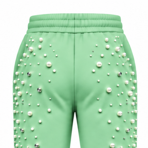 Custom Mint Green Pearl Beaded Jogger Pants <b>Women</b> Luxury Embellished Drawstring Sweatpants Casual Streetwear Fleece <b>Trousers</b> - Product Image 4