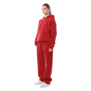 Survêtement à capuche rouge pour femmes, manches longues, fermeture éclair, coupe ample décontractée, couleur unie, en coton, pour l'automne - Product Image 6