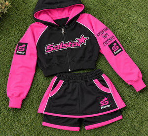 Conjunto Deportivo de 3 Piezas para Mujer, Sudadera con Capucha Corta Negra y Rosa, Falda y Pantalones Cortos, Ropa Deportiva Informal con Logotipo Personalizado - Product Image 6