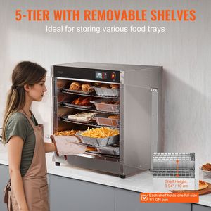 Scaldavivande professionale a 5 ripiani in acciaio inox con ripiani regolabili, vassoio per l'acqua, doppia porta in vetro, per mantenere caldi 5 teglie - Product Image 4