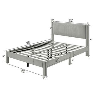 1pc Contemporary Light Gray <b>Bed</b> Queen <b>Platform</b> Plush Upholstered Headboard Low Profile <b>Frame</b> Ribbed Texture Unobtrusive Legs - Product Image 5
