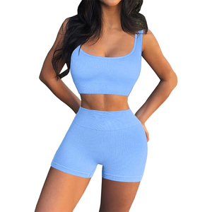 Ensembles de sport tendance pour femmes en bleu ciel, ensembles de shorts taille haute pour filles avec logo personnalisé imprimé - Product Image 1