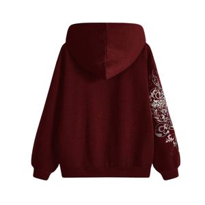 เสื้อฮู้ดซิปสีแดงเลือดหมูพิมพ์ลายปีกนางฟ้าและกากบาท สไตล์วินเทจ Y2K กอธิค สตรีทแวร์ ทรงโอเวอร์ไซส์ สำหรับผู้หญิงและผู้ชาย - Product Image 2