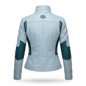 Light Blue Womens <b>Real</b> <b>Leather</b> <b>Jacket</b> High Stand Collar Contrast Color Panel Patch Zipper <b>Biker</b> Motorcycle Outerwear - Product Image 2
